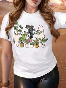 Halloween - Green Ghost Print - Casual Short Sleeve T-Shirt For Spring And Summer - Fashionable Women's Clothing - Loose, Casual, And Versatile Y2k T-Shirt Shirt - 白色 - 查看 9
