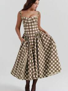 Vestido largo tirantes estilo vintage francés vestido elegante con estética paleta de colores - Café - Ver 5