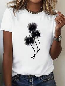 Playera gráfica casual juvenil, camiseta floral rosa suave para mujer, de manga corta, cuello redondo, transpirable y elástica, lavable a máquina, camiseta casual para atuendos informales, ligera, lista para regalar, top perfecto para todas las estaciones, cómoda, camiseta para entusiastas, que absorbe la humedad, cómoda. - Blanco - Ver 1