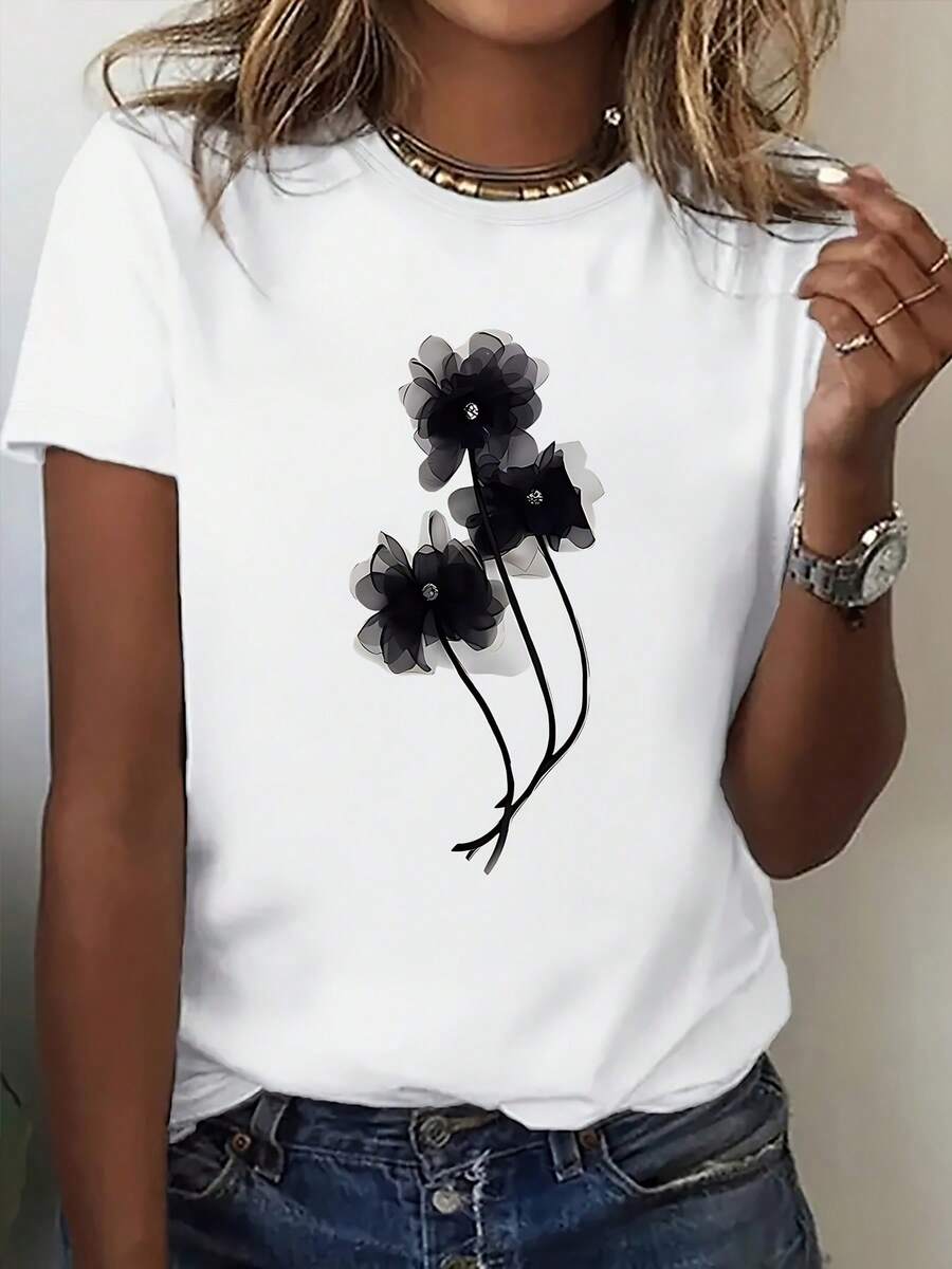 Playera gráfica casual juvenil, camiseta floral rosa suave para mujer, de manga corta, cuello redondo, transpirable y elástica, lavable a máquina, camiseta casual para atuendos informales, ligera, lista para regalar, top perfecto para todas las estaciones, cómoda, camiseta para entusiastas, que absorbe la humedad, cómoda. - Blanco - Ver 1