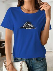 Camiseta de manga corta con estampado de arte lineal de paisaje de montaña y amanecer en blanco y negro clásico, longitud regular, estilo casual, cuello redondo para primavera/verano, adecuada para ir de compras, vida universitaria, producto esencial de otoño/invierno, éxito de . - Azul - Ver 7