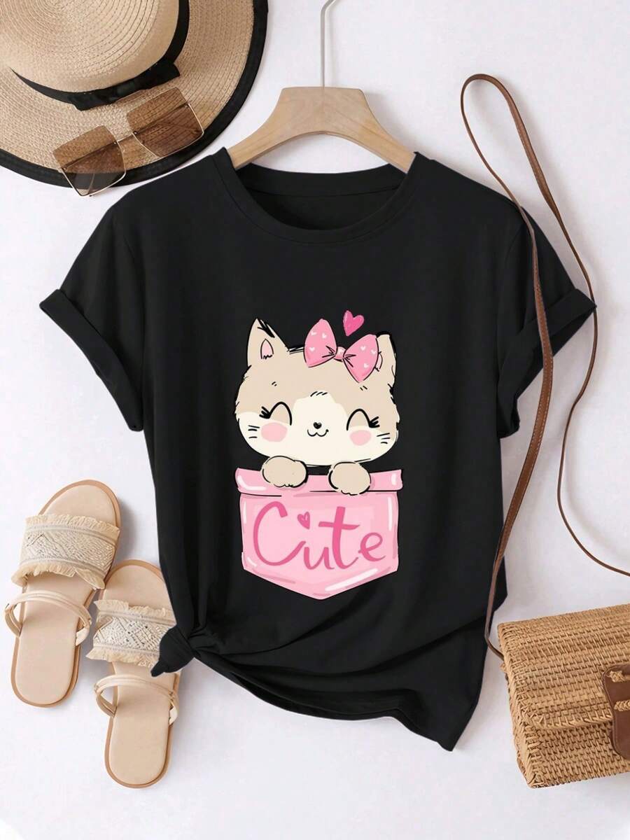 Women's T-Shirt, Comfortable And Casual, Short Sleeve And Round Neck, With Pink Cat Pocket Design, Cute And Fun Design, Regular Length, Suitable For All Seasons, Everyday Fashion, Ideal For Women's Spring And Summer Clothing. - 黑色 - 查看 1