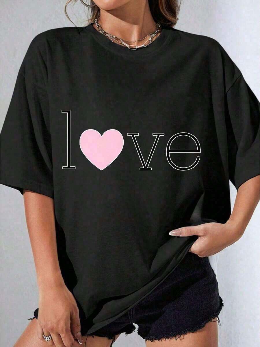 Conjuntos de San Valentín para Mujer 2026, Camiseta Blanca y Negra para Mujer, Camiseta Oversize con Estampado de Corazón, Blanca para Uso Casual y Atuendos Diarios, Camiseta Estampada Casual para Fiesta al Aire Libre, Ropa de Mujer a la Moda, Vestido , Ropa de San Valentín, Blusas para Mujer, Camisetas Gráficas de Verano para Mujer, Camiseta Casual Estampada para Mujer, Manga Corta y Cuello Redondo, Moda Urbana Local de Primavera/Verano. - Negro - Ver 1