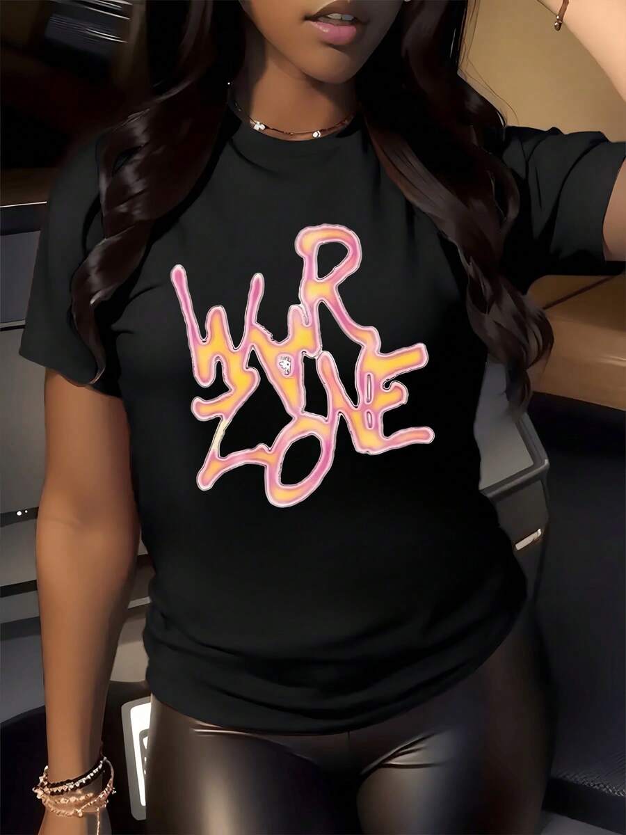 Artistic Text That Reflects A Vibrant And Bold Energy With Curved Letters In Pink And Yellow Tones, Creating An Urban Feel Of Power And Movement In Every Stroke. Modern Casual Women's T-Shirt For Everyday Wear. - Black - View 1