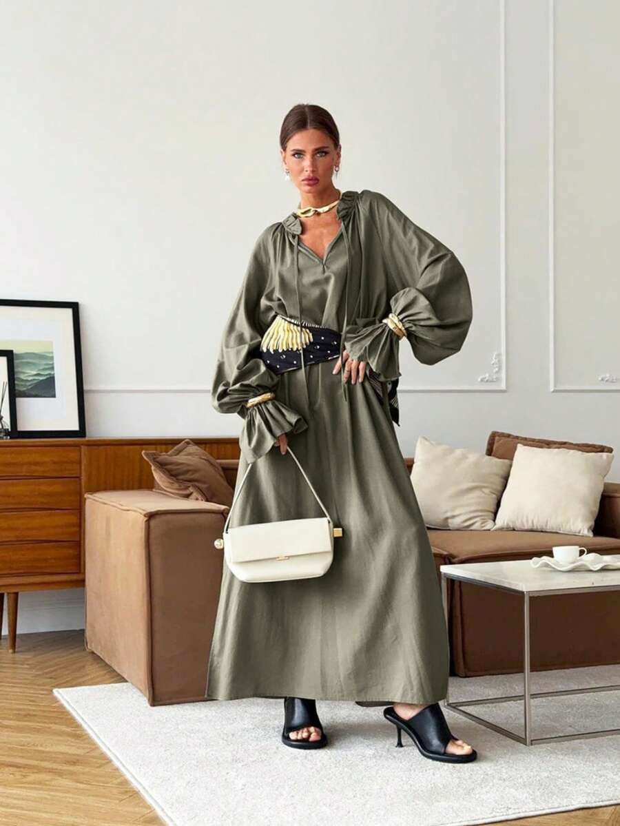 Vestido de lino estilo francés tierno 2026, cuello V, manga larga, cintura ajustada con lazos y abertura lateral, diseño elegante y delicado. - Verde - Ver 1