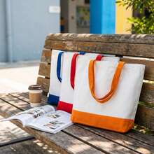Colorblock Canvas Shoulder Tote Bag, Wide Comfortable Handle, Large Open Top For Easy Storage, 3 Available Colorways - View 6