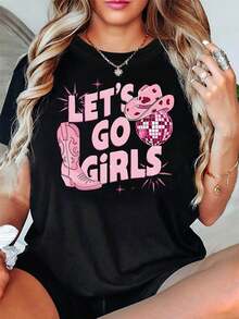 LET'S GO GIRLS Camiseta de Mezclilla con Estampado de Letras Disco para Mujer, Camiseta Casual de Manga Corta y Cuello Redondo para Primavera/Verano, Uso Diario Casual, Regalo para Fiestas - Camiseta Unisex de Estilo Vintage Urbano, de Algodón, Manga Corta y Cuello Redondo. - Negro - Ver 7