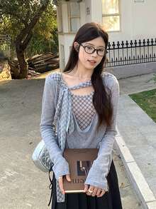Swing Collar Plaid Ribbon Patchwork 2 In 1 Top, Pleated Design Versatile Long Sleeve T-Shirt For Women - Grey - View 5