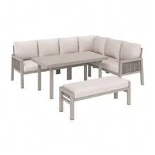 Garden Dining Set, Patio Furniture, 8 People, Corner Configuration, Galvanized Iron, Glass Tabletop, Hand-Braided PE Rope, Including Table, Benches And Sofas, Grey - 卡其色 - 查看 7