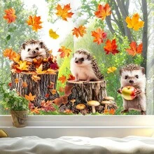 Cute Autumn Hedgehog Window Stickers, Static Cling Window Decals, Removable Decorative Stickers, Adorable Decor For Home, Office, Store, Classroom Windows, Easy DIY Home Decoration - 1 Roll - View 5