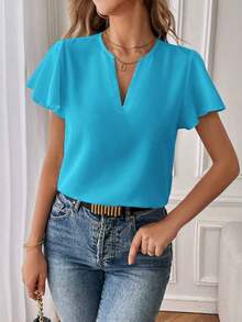 Camisa de mujer de unicolor con escote en V entallado y manga corta, informal y adecuada para el trabajo, blusas de manga corta - Azul - Ver 5