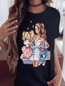 Camiseta de Mujer Maycaur con Estampado de Dibujos Animados de Mamá con Hijos, Camiseta Casual de Moda para Mujer, Camiseta de Manga Corta de Algodón Puro para Damas. - Negro - Ver 6