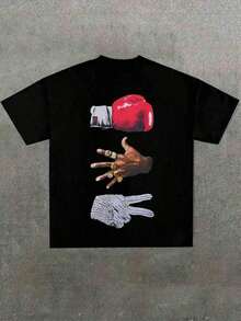 Christmas T-Shirt For Men In Oversized Style, Black T-Shirt With Symbolic Hand Motif, Y2K Style, Street Style, Digital Print, Casual Cotton T-Shirt, Halloween Highlight, Summer T-Shirt - Black - View 7