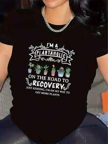 Camiseta gráfica de manga corta para mujer "I'm On The Road Loving Plants" |   Estampado de plantas en blanco y negro, duradero y cómodo, cuello redondo ligero y transpirable, adecuado para jardinería interior, uso en sala de estar y balcón, ropa casual para todas las estaciones. - Negro - Ver 7