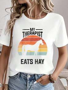 Camisetas gráficas 100% algodón para mujer, tops de verano, camiseta de cuello redondo, ropa de mujer 100% algodón, conjuntos de verano para mujer, camiseta con estampado "Mi terapeuta come caballo", para fanáticas del caballo, jinete, mujer ecuestre, camisetas blancas para mujer. - Blanco - Ver 6