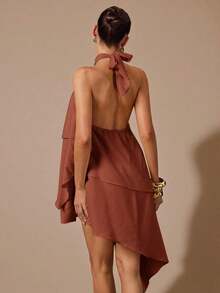 Vestido de satén de línea A con escote halter y espalda descubierta de unicolor amarillo/crema, adecuado para primavera/verano, vacaciones, playa, invitada elegante de boda, fiestas, ocasiones de otoño/invierno, Navidad elegante, Halloween - Marrón - Ver 2