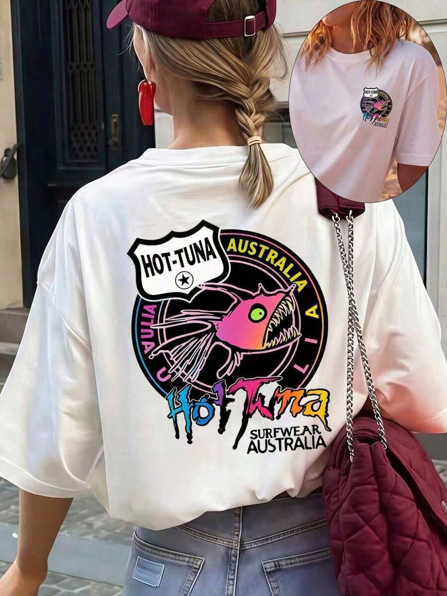 Under The Radar Women's Casual White Crew Neck Drop Shoulder T-Shirt - Unisex Urban Vintage Style, Loose Fit Short Sleeve Cotton Crew Neck T-Shirt - 白色 - 查看 1