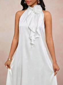 Lady Vestido de longitud media naranja con decoración de volantes florales tridimensionales en el cuello.Elegante y holgado para damas.Ideal para vacaciones de primavera y verano.Estilo bohemio. - Blanco - Ver 5