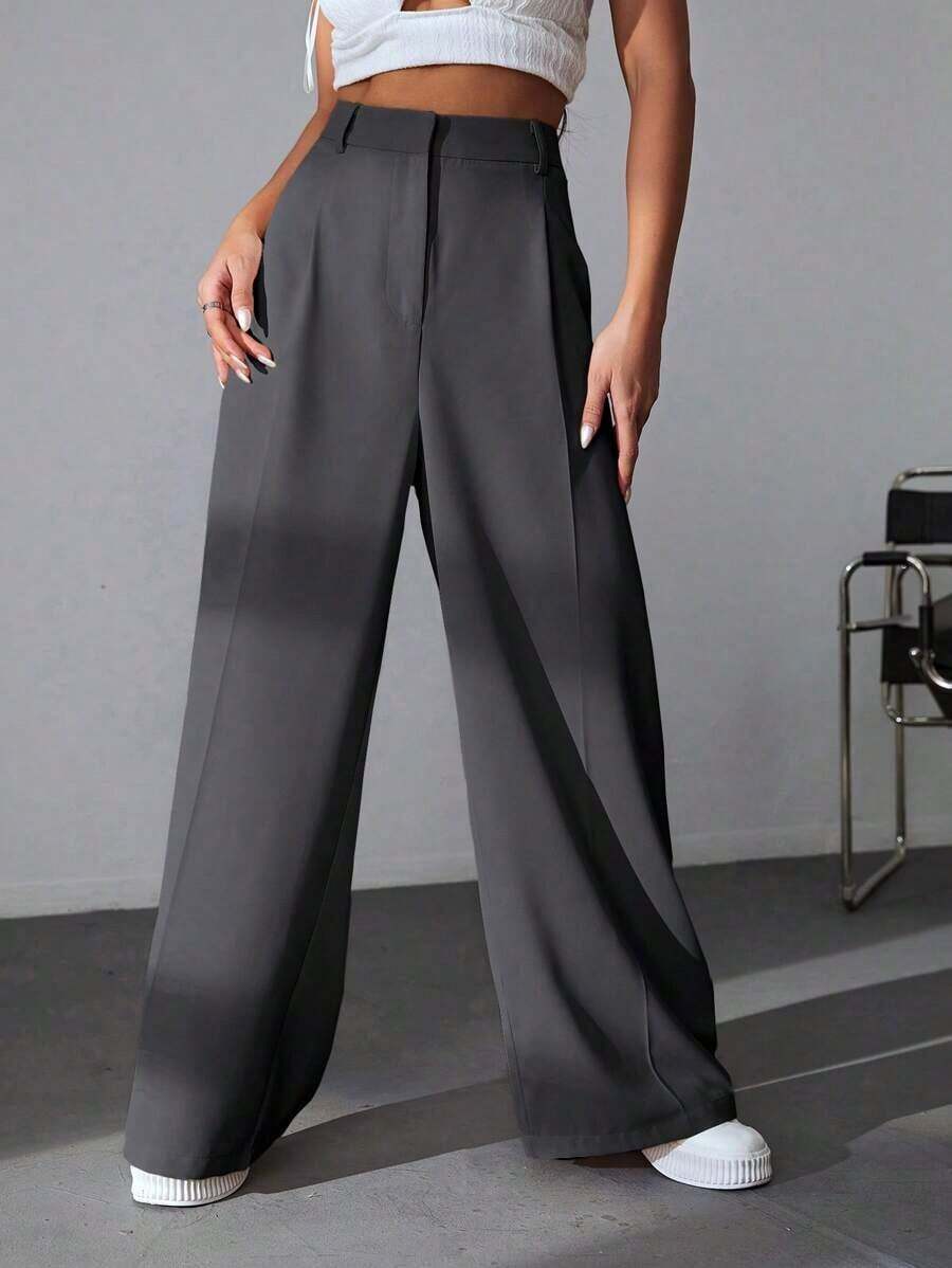 Pantalones casuales y versátiles de cintura alta con pierna ancha de unicolor - Gris Claro - Ver 1