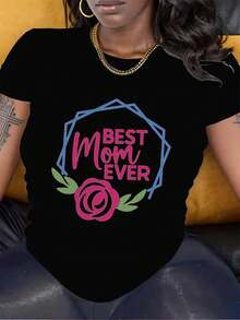 Talla Grande - Talla Grande - Camiseta de Manga Cortara Mujer de Talla Grande "La Mejor Mamá de Siempre" | Top Casual Brillante de Cuello Redondo con Diseño Geométrico y Floral, uste Elástico Negro para Ropa Casual de Primavera/Otoño, Manga Cortara Mamás - Regalo I para el Día de la Madre - Negro - Ver 2