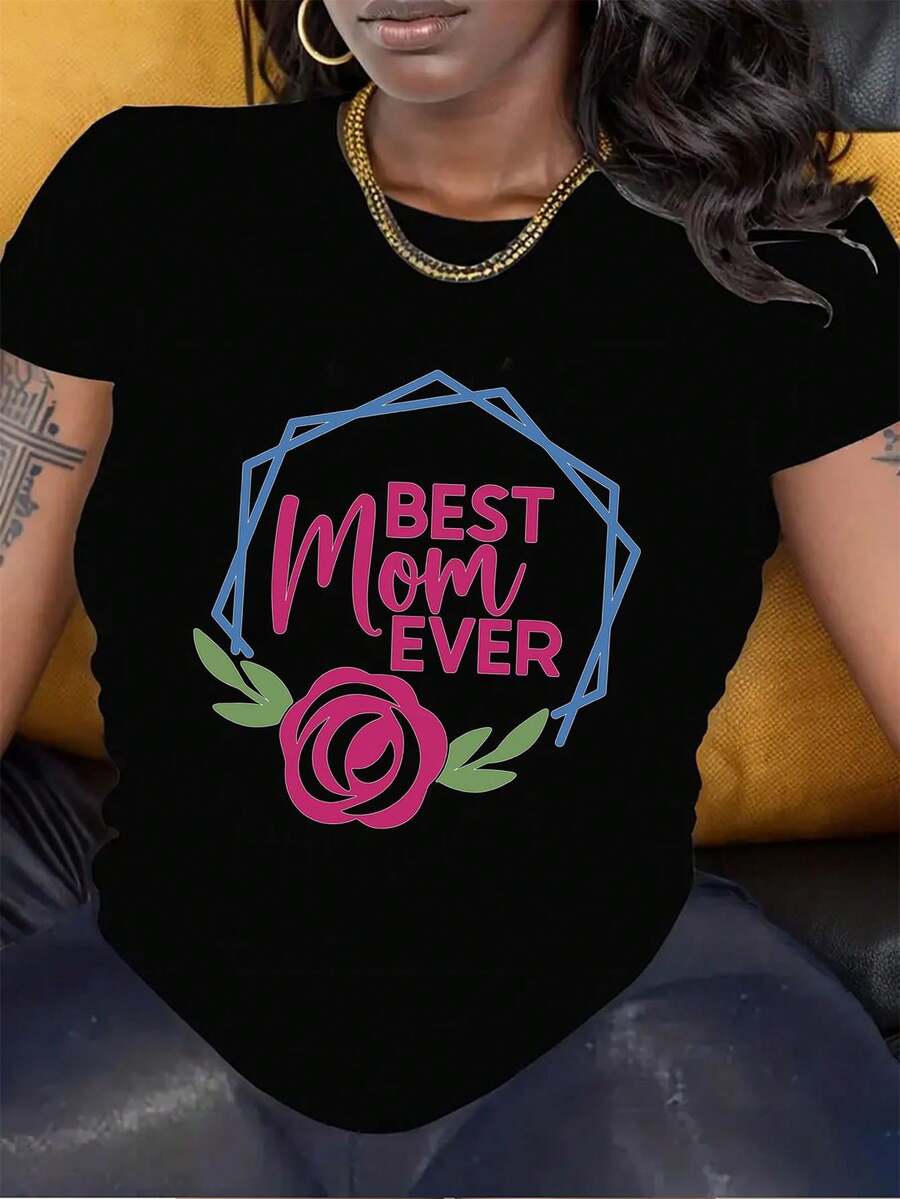 Talla Grande - Talla Grande - Camiseta de Manga Cortara Mujer de Talla Grande "La Mejor Mamá de Siempre" | Top Casual Brillante de Cuello Redondo con Diseño Geométrico y Floral, uste Elástico Negro para Ropa Casual de Primavera/Otoño, Manga Cortara Mamás - Regalo I para el Día de la Madre