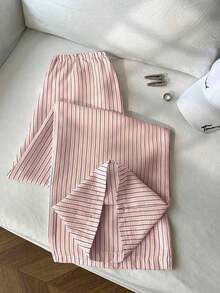 1 pieza Pantalones casuales de mujer a rayas amarillas, tela de burbujas arrugada, cintura súper baja con cordón, pantalones rectos de ajuste relajado, casual y romántico - Rosa - Ver 2