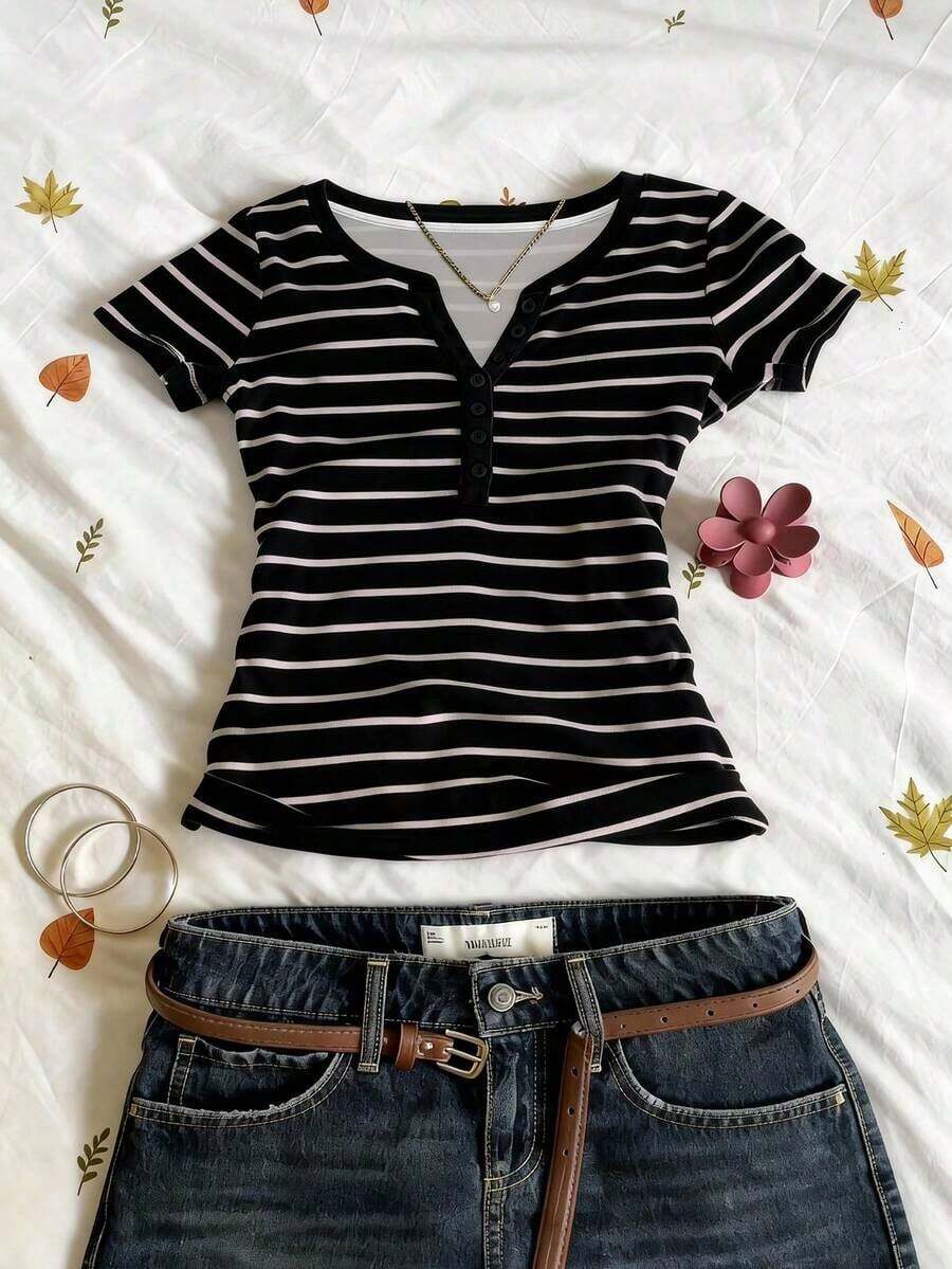 1 pieza Camiseta de mujer con estampado digital y cuello en V de manga corta, un gran regalo para amigos - Negro 2 - Ver 1