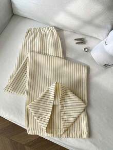 1 pieza Pantalones casuales de mujer a rayas amarillas, tela de burbujas arrugada, cintura súper baja con cordón, pantalones rectos de ajuste relajado, casual y romántico - Amarillo mantequilla - Ver 2