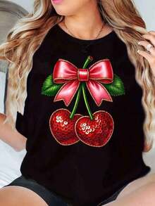 Camiseta de Mujer con Cuello Redondo, Estampado de Lazo con Lentejuelas de Cereza, Top Casual de Verano g - Negro - Ver 1