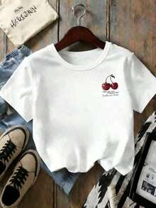 100% Algodón Puro, Ropa de Verano 2026, Top de Mujer, Ropa Elegante Millennium para Mujer, Camiseta de Cuello Redondo con Estampado de Cereza y Lema, Top de Verano, Atuendo de Primavera para Mujer Más Vendido, Camisa de Playa de Verano para Mujer - Blanco 4 - Ver 5