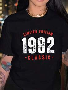 Camiseta de cuello redondo 1 pieza Camiseta de edición limitada vintage de 1982 para mujer - Estampado retro de los años 80, suave, de manga corta y cuello redondo, ideal para fiestas temáticas de los años 80 y atuendos casuales. Camiseta casual de mujer 100% algodón: perfecta para actividades al aire libre y moda urbana. - Negro - Ver 5