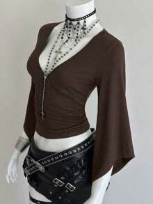 Camiseta ajustada con cuello en V profundo y mangas acampanadas sexy - Café integral - Ver 8
