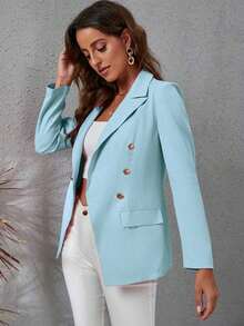 Blazer informal de unicolor de doble botonadura para mujer, chaqueta de verano para mujer, chaqueta morada, blazers para mujer - Celeste - Ver 4