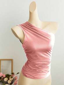 Blusa corta de un hombro con pliegues color albaricoque, minimalista, casual, elegante y versátil para uso diario de mujer, primavera/verano - Rosa Pálido - Ver 8