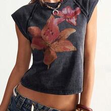 Women's Casual Solid Color Knit Short Sleeve Fitted Washed T-Shirt,Summer Top - Café integral - Ver 6