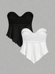Top tubo de mujer con puntera, tirantes con moño y malla - Blanco y Negro - Ver 2