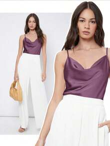 Top de satén sin mangas para mujer, elegante y romántica de unicolor, para uso casual y de negocios, adecuada para oficina, diario, otoño - Púrpura malva - Ver 8