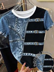 Camiseta de manga corta con cuello redondo, estampado de mezclilla y contraste de color para mujer - Multicolor - Ver 1