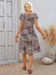 Vestido midi de mujer de manga corta y manga de murciélago con estampado floral, para verano - Multicolor - Ver 2