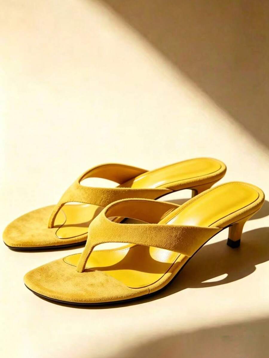 2026 New Suede Toe-Ring Sandals, Slim Kitten Heel Slip-On Slippers For Women - Yellow - View 1