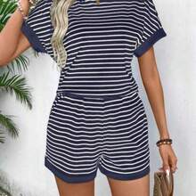 Women's Summer Striped Round Neck Batwing Sleeve Top And Shorts Casual 2-Piece Set - Azul Marino - Ver 1