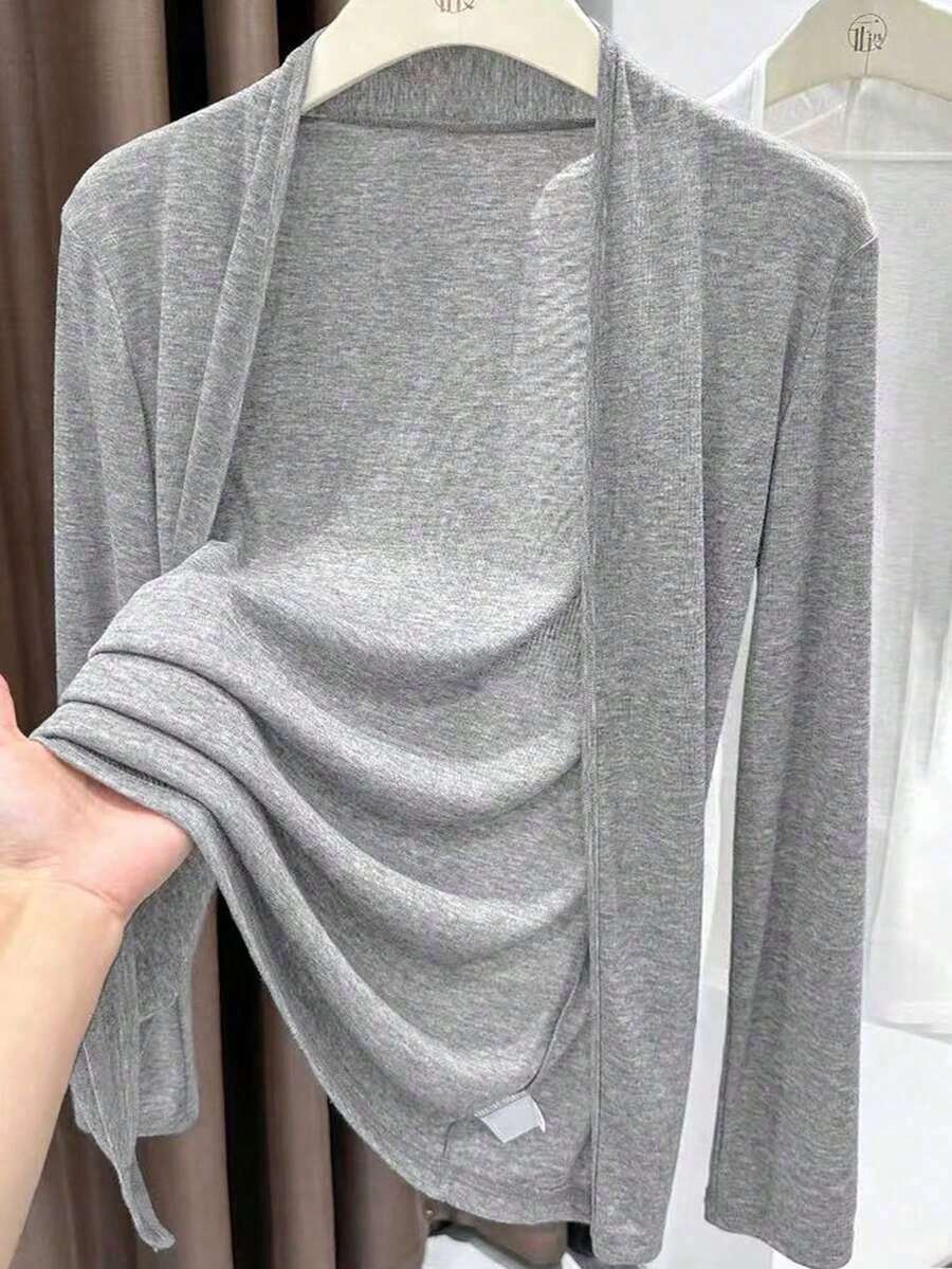 Chaqueta ligera de mujer de unicolor, de manga larga y con abertura frontal casual - Gris Claro - Ver 1