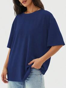 Camiseta holgada para mujer de manga corta y cuello redondo, camisa casual estilo Y2K, básica para deportes de verano - Azul marino - Ver 2