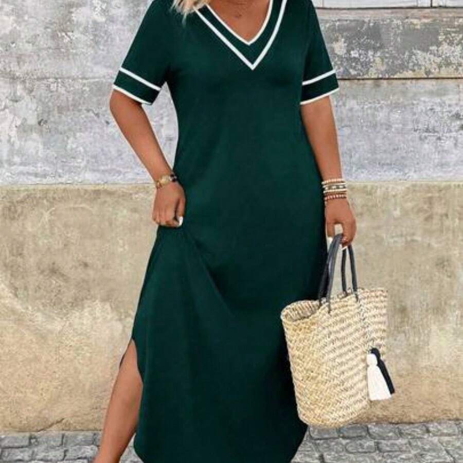 Holidaya Plus Size Women V-Neck Short Sleeve Casual Side Slit Hem Loose Dress - Verde Oscuro - Ver 1