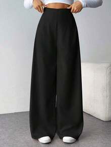 Pantalones anchos de cintura alta con textura, de moda minimalista y casual, ideales para volver al colegio - Negro - Ver 7