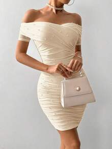 Vestido ajustado para mujer con hombros abiertos, manga corta y adornos con cuentas - Albaricoque - Ver 4