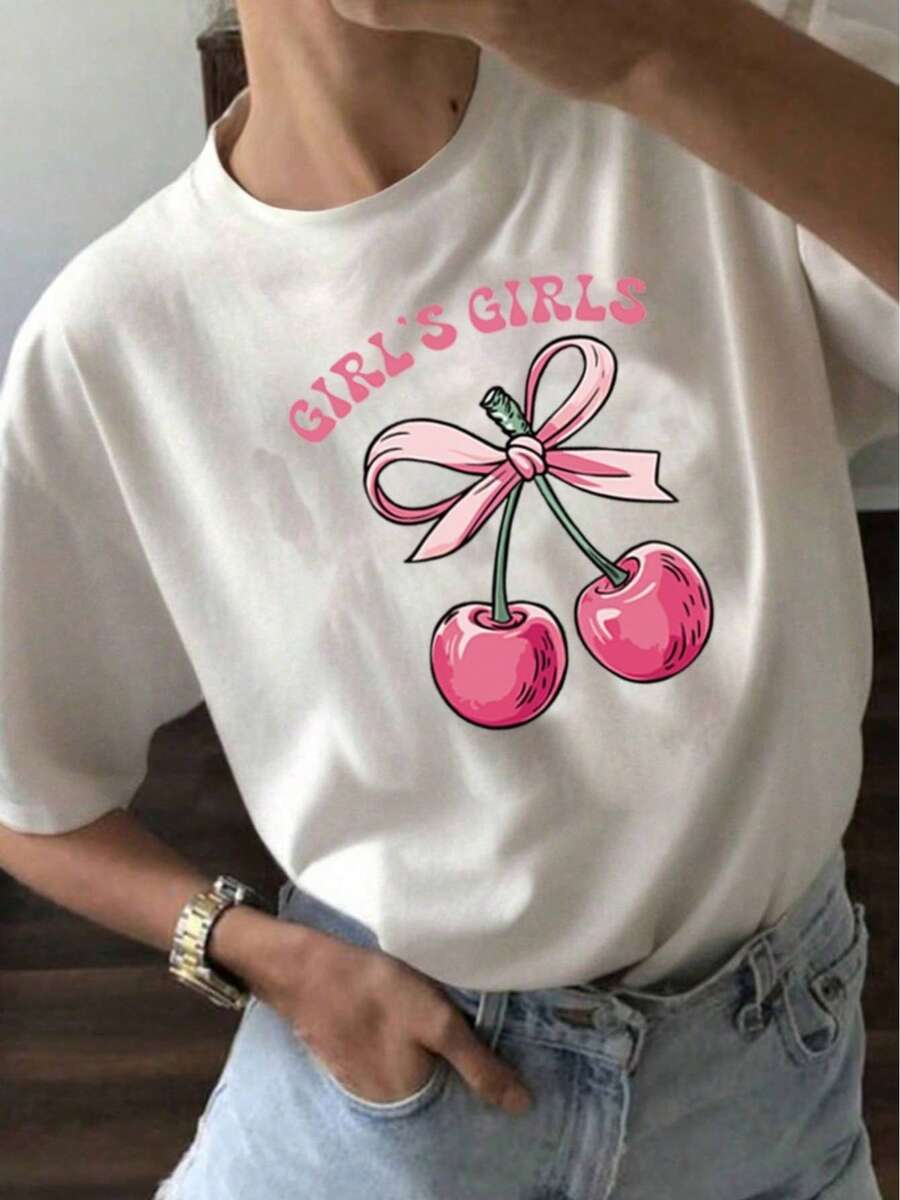 Women's Casual Summer T-Shirt With A Round Neck, Fitted Silhouette, And Short Sleeves, Featuring An Oil Painting Print With Floral, Heart, Cherry, And Lettering Designs. Simple, Casual Fabric With A Sporty Style, Perfect For Everyday Wear And A Valentine's Day Date. - 白色 - 查看 1