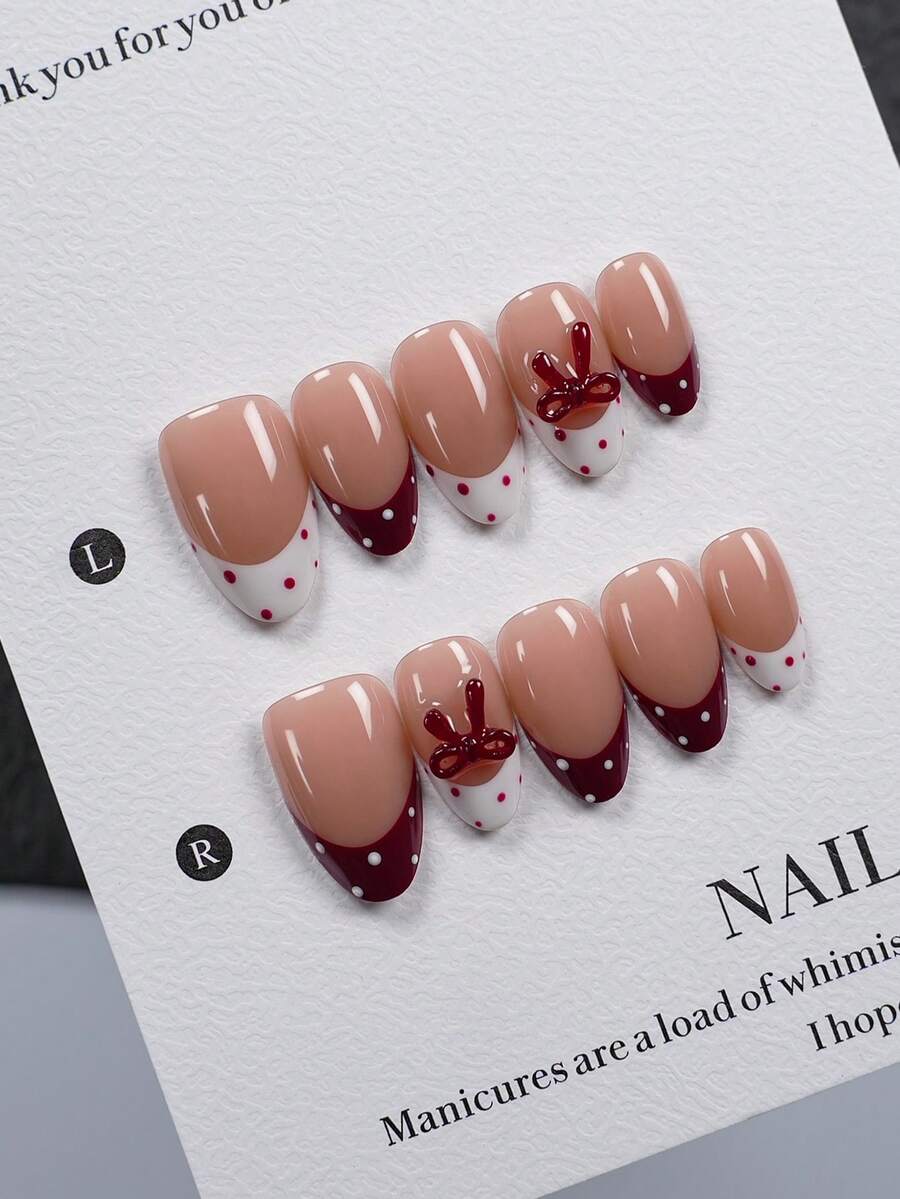 10pcs Short Almond-Shaped Handmade Wearable Nails (Including Manicure Tools), Sweet & Cool Wine Red Polka Dot 3D Bow French Manicure, Glossy False Nails, Ideal For Daily Commute, Valentine's Day Date, Gathering With Friends, And Holiday Gifts - Multicolor - View 1