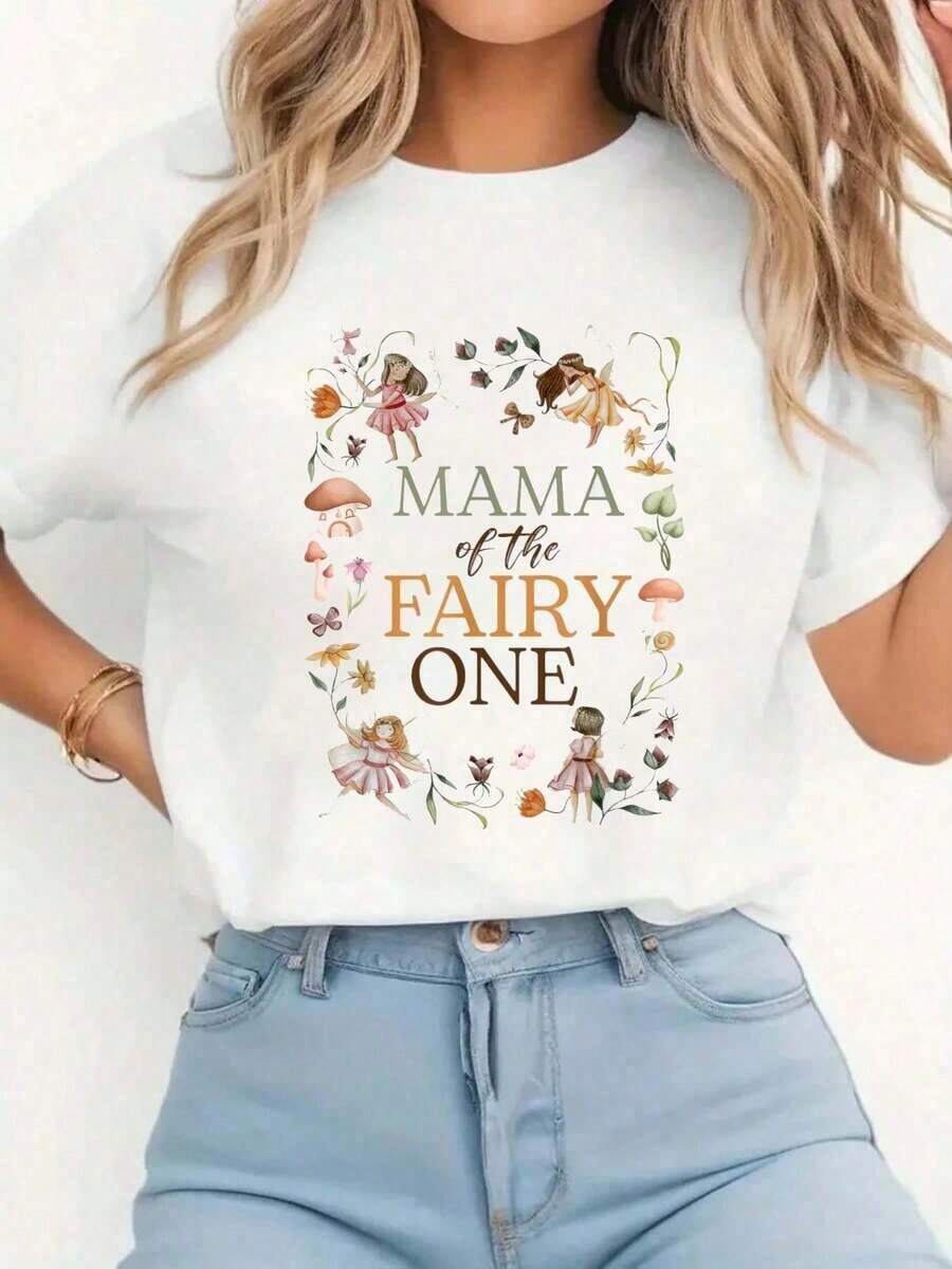 100% cotton Camiseta Familiar a Juego "Mamá del Hada del Cumpleaños 1" para el 1er Cumpleaños, Camiseta Estampada Casual de Cuello Redondo y Manga Corta, Cómoda para Primavera y Verano, Ropa de Mujer - Blanco - Ver 1