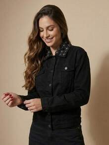 pthirillo Women's Black Denim Jacket Maxi Oversized Denim Black Cotton Long Sleeve Premium Street Style Retro Casual Loose Fit With Pockets Cowboy Style Show Pearls | Basic - 花卉領 - 查看 2